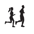 Running man and woman silhouettes. Couple jogging. Marathon race concept. Sport and fitness design template with runners